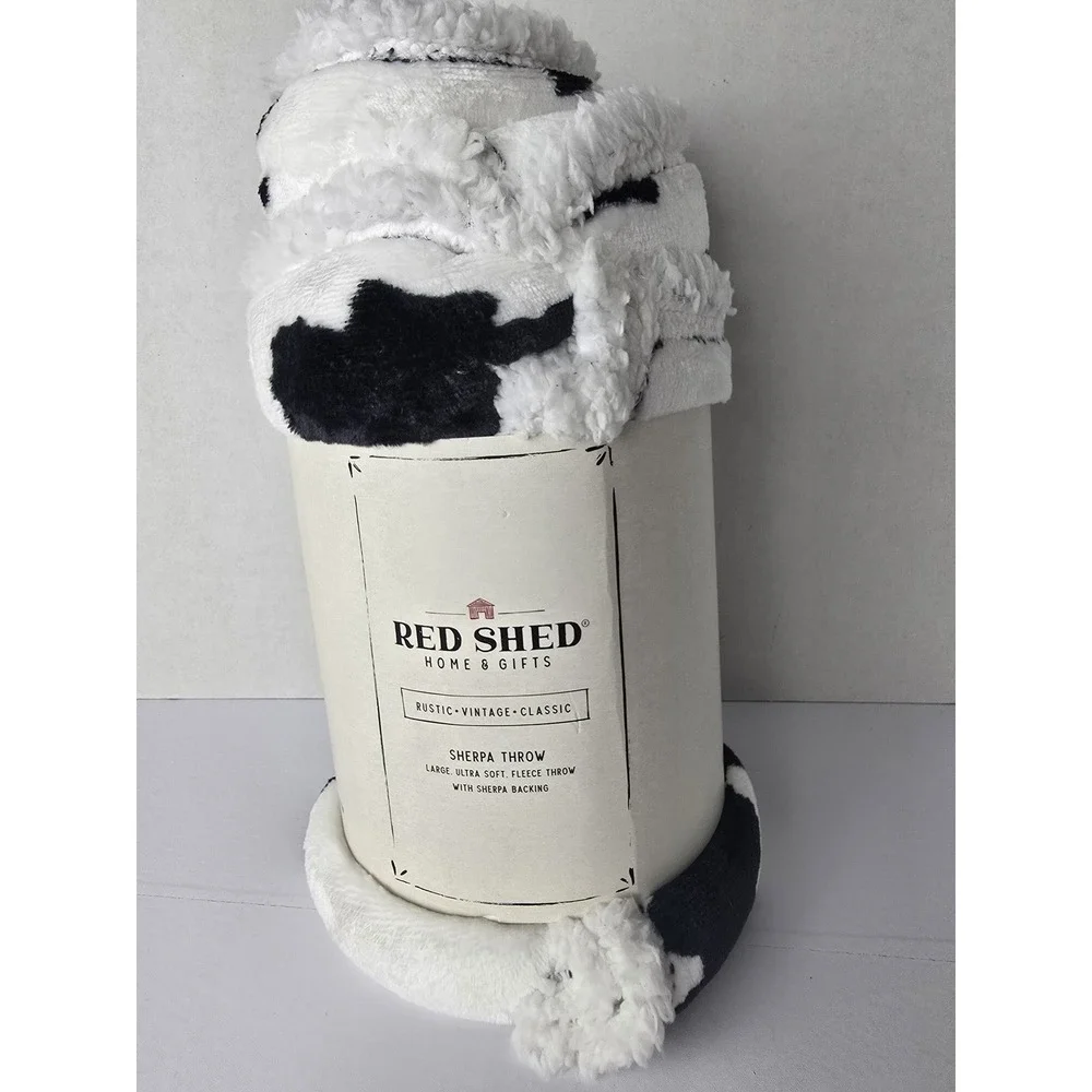 Red Shed Sherpa Throw 50x70 Black White Cow Print Fleece Rustic Blanket Cozy